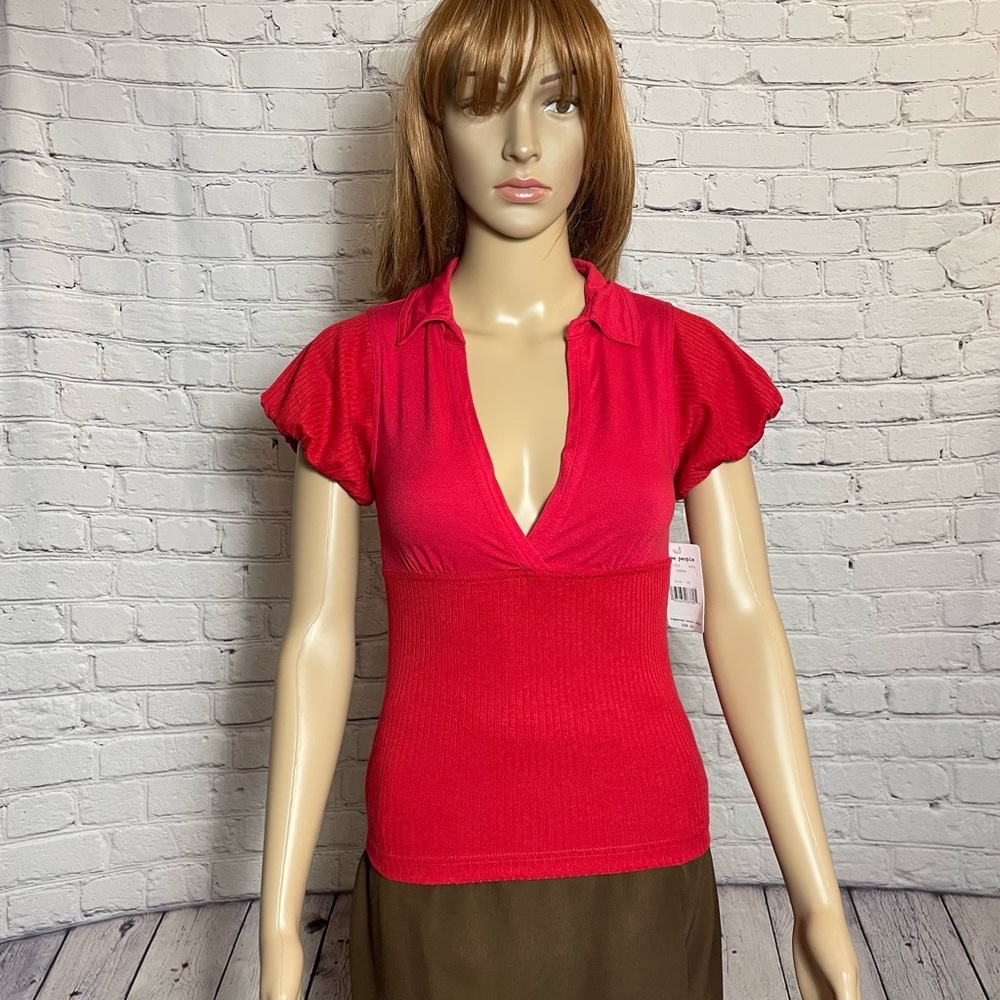 NWT New Free People Molly Red Ribbed Short Sleeve Surplice Top Size XS - Picture 3 of 15